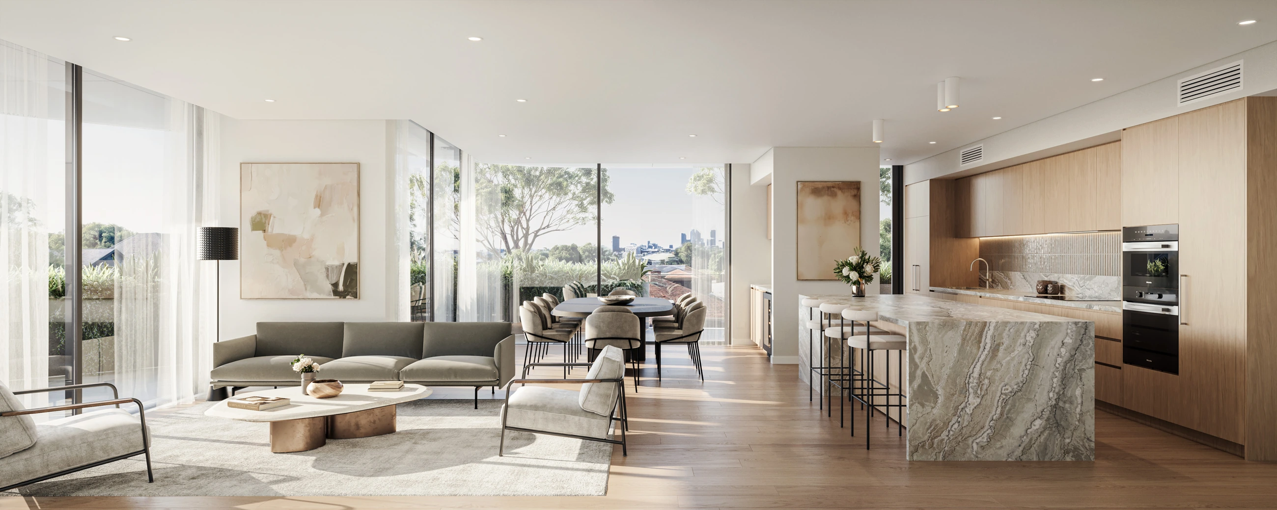 Kitchen, dining and living spaces arranged as one warm centre